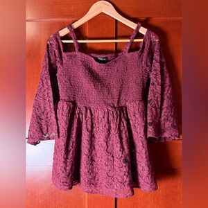 Torrid Maroon Lace Smocked Blouse With Bell Sleeves Size Large